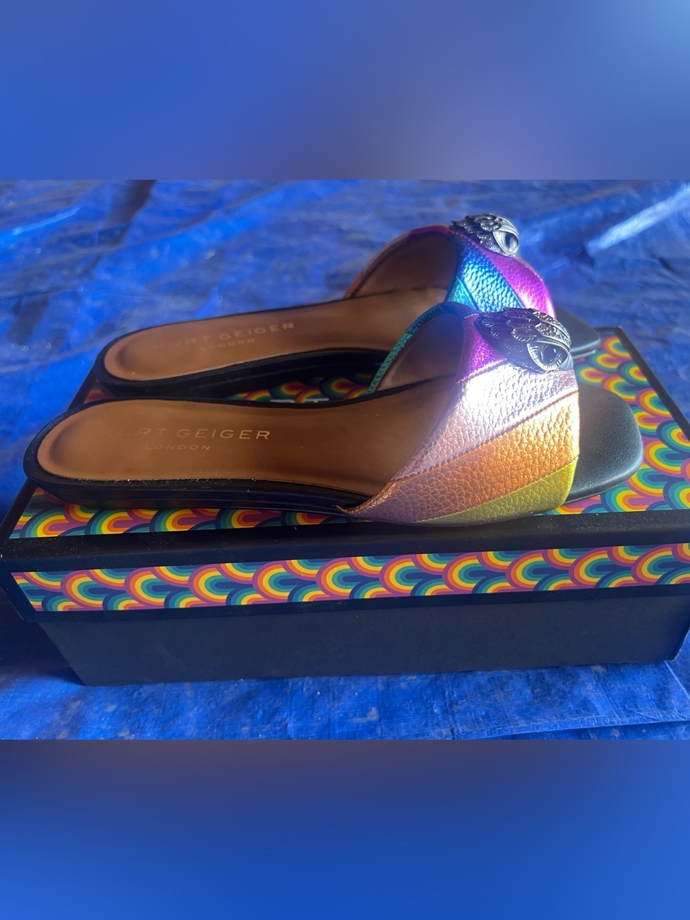Kurt Geiger Iridescent Blue Pink Bronze Slide Mules - Picture 2 of 3
